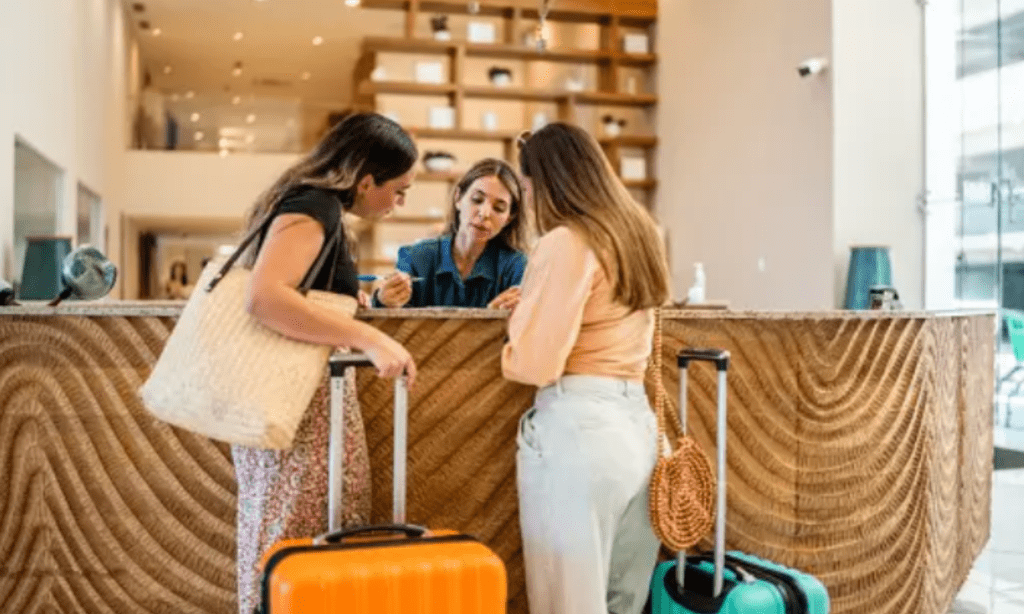Two women checking in with luggage at hotel.
