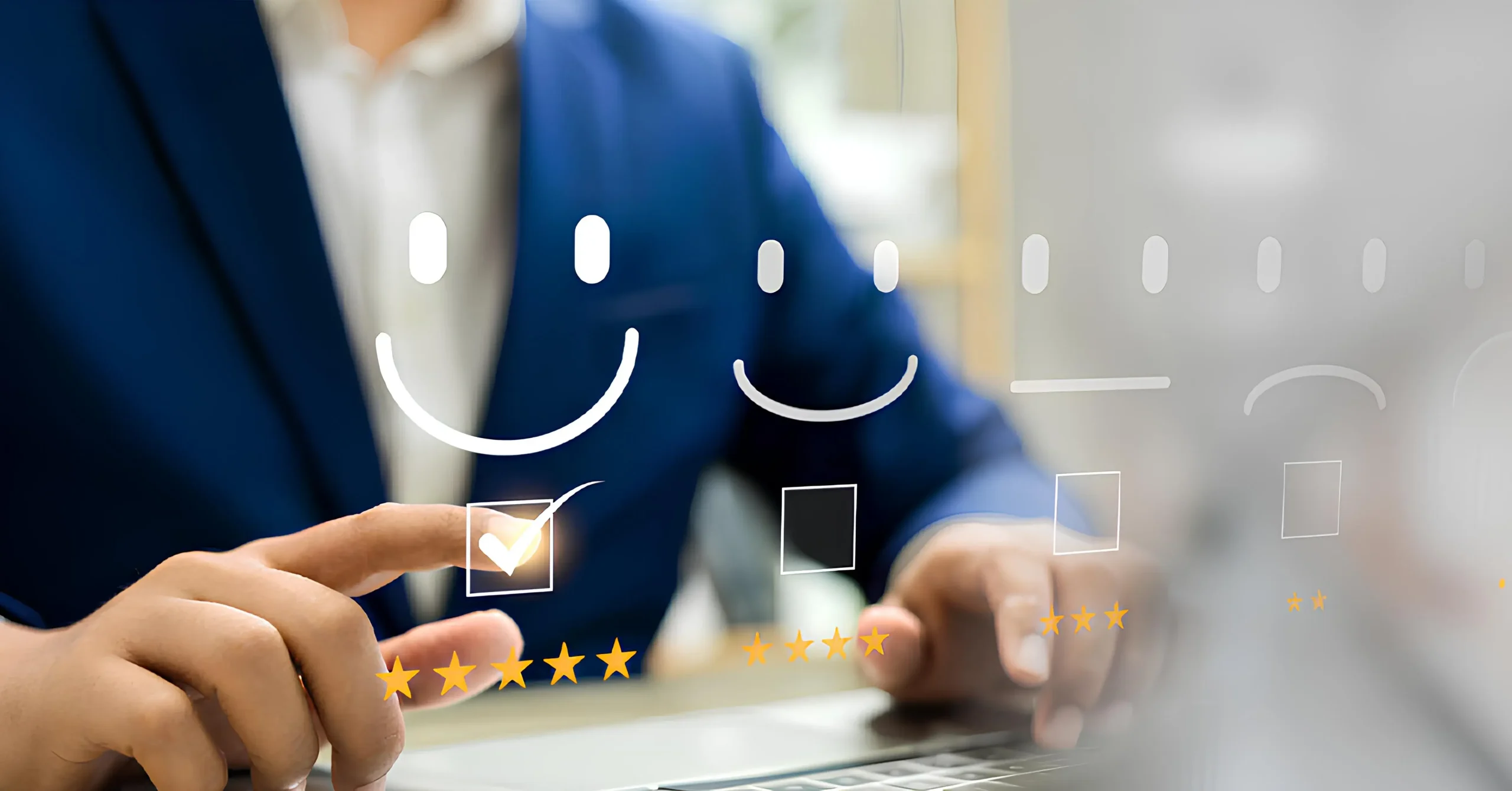 Close-up of a hand selecting a happy emoji icon on a glowing customer feedback rating scale.