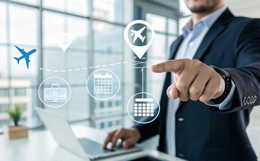 Business professional using a digital travel booking interface with flight, calendar, and itinerary icons representing corporate travel planning