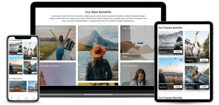 Responsive white-label travel loyalty platform displayed on desktop, tablet, and mobile devices featuring exclusive member travel benefits and rewards