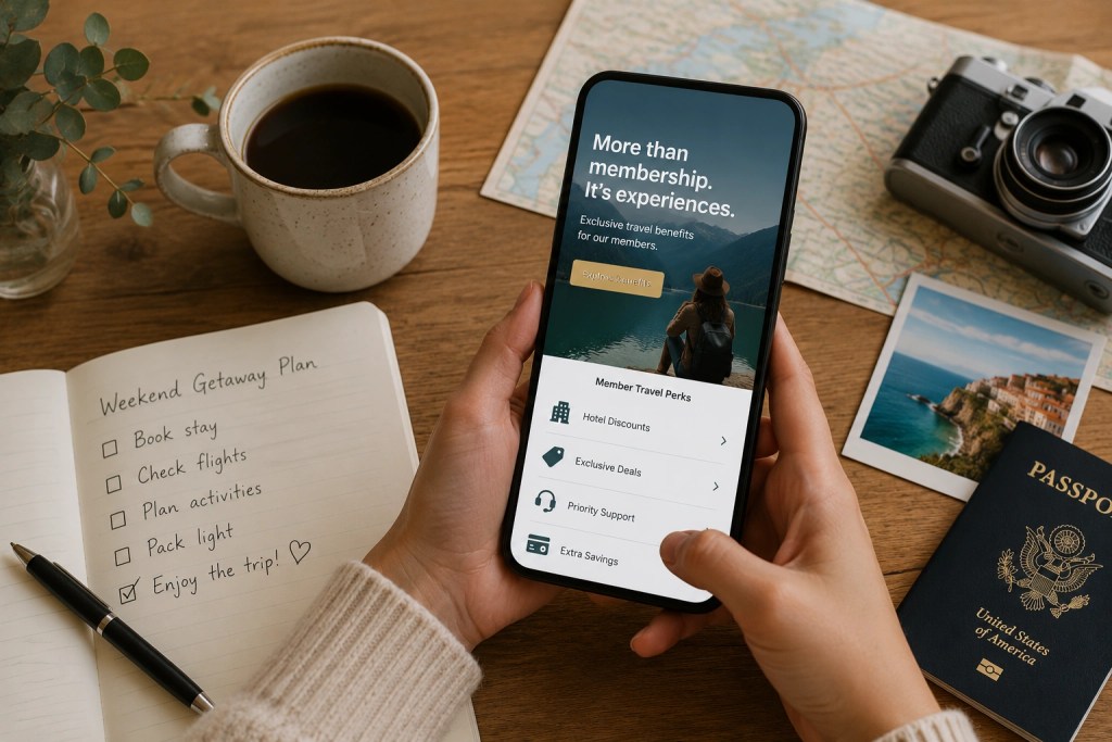 Person planning a trip using a travel membership app on a smartphone with passport, map, and coffee on a desk