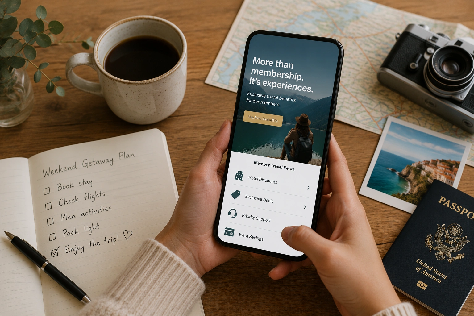 Person planning a trip using a travel membership app on a smartphone with passport, map, and coffee on a desk