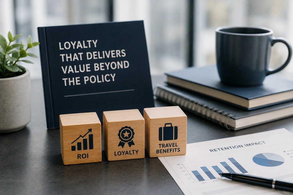 Professional still life featuring travel-themed objects symbolizing loyalty program ROI, customer retention, and travel benefits