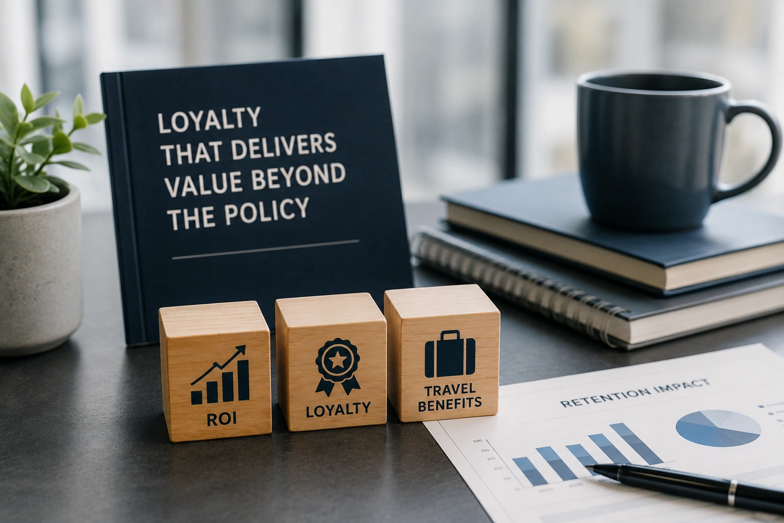 Professional still life featuring travel-themed objects symbolizing loyalty program ROI, customer retention, and travel benefits