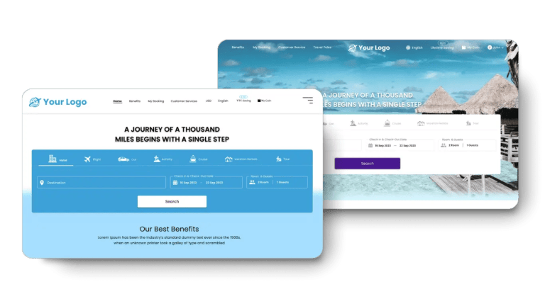 White-label travel booking platform showcasing customizable branded website templates with hotel, flight, and vacation booking for membership organizations