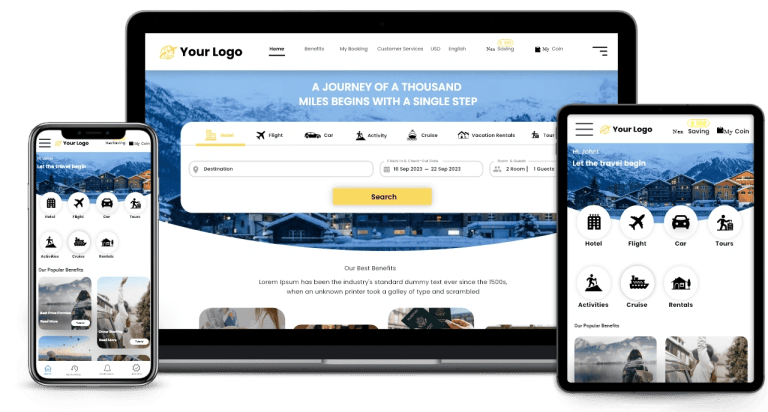 Responsive travel booking platform displayed on desktop, tablet, and smartphone with hotel, flight, car rental, cruise, and activity booking features