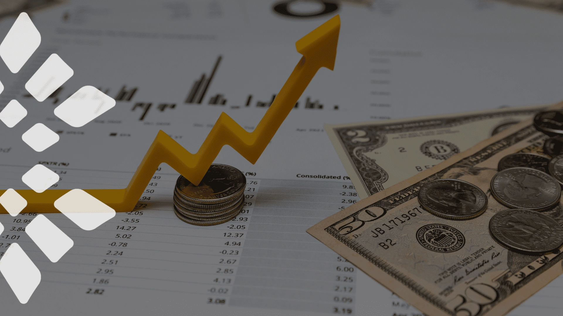 Upward growth arrow on stacked coins with dollar bills and financial reports representing business growth